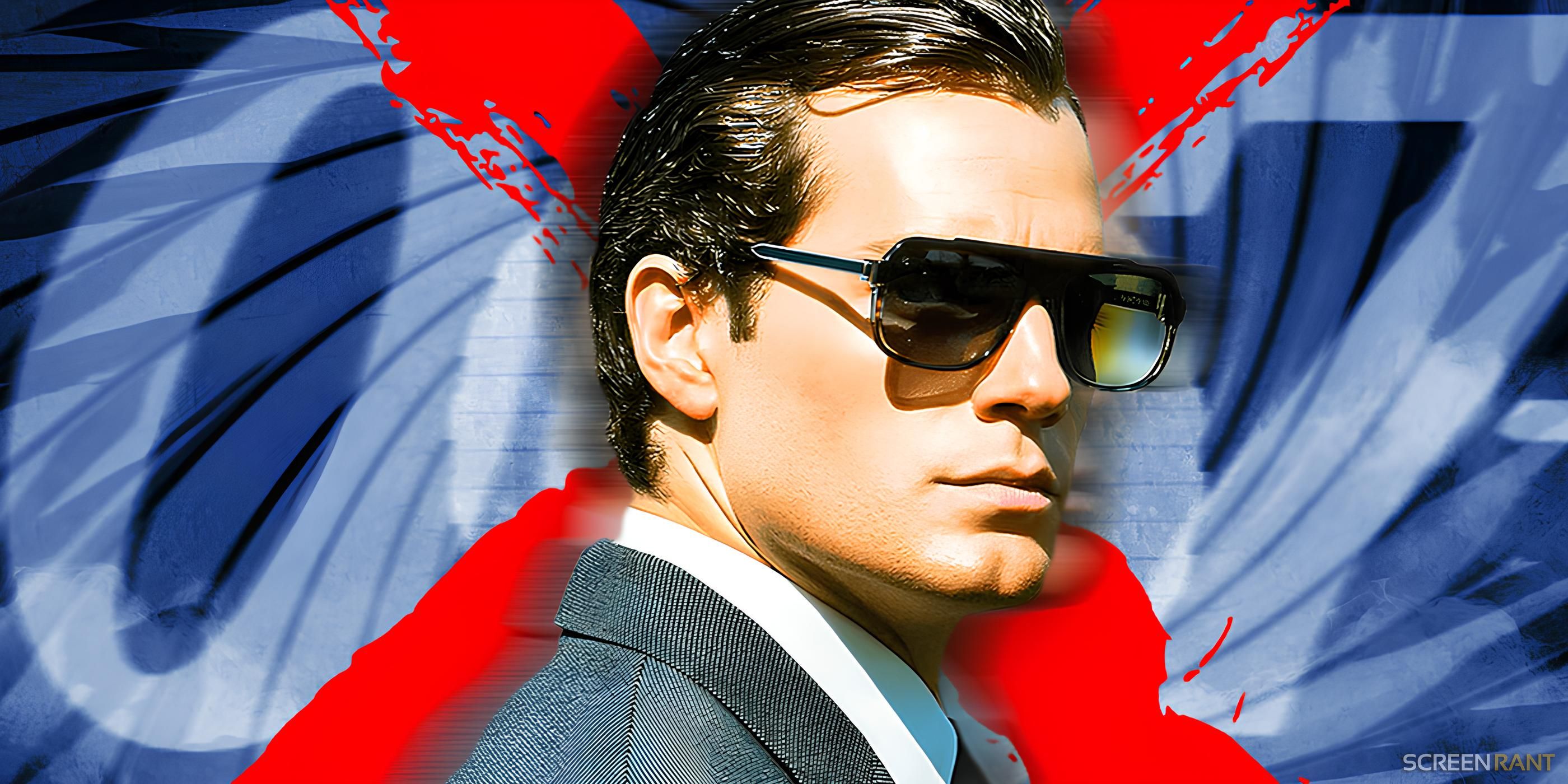 Henry Cavill as Napoleon Solo wearing sunglasses in The Man from UNCLE against the 007 logo