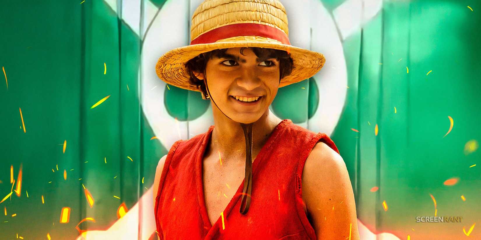 Inaki Godoy as live-action Luffy in One Piece in front of a green curtain with skull and crossbones.