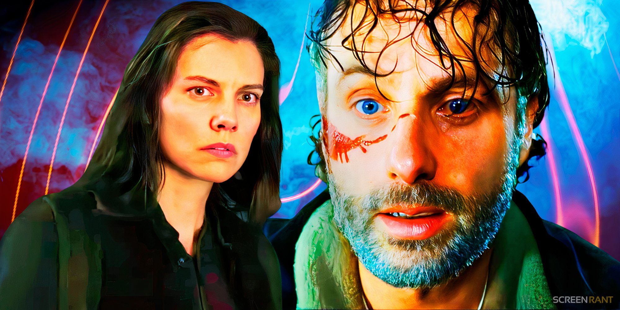 Lauren Cohan as Maggie from The Walking Dead Dead City and Andrew Lincoln as Rick Grimes.