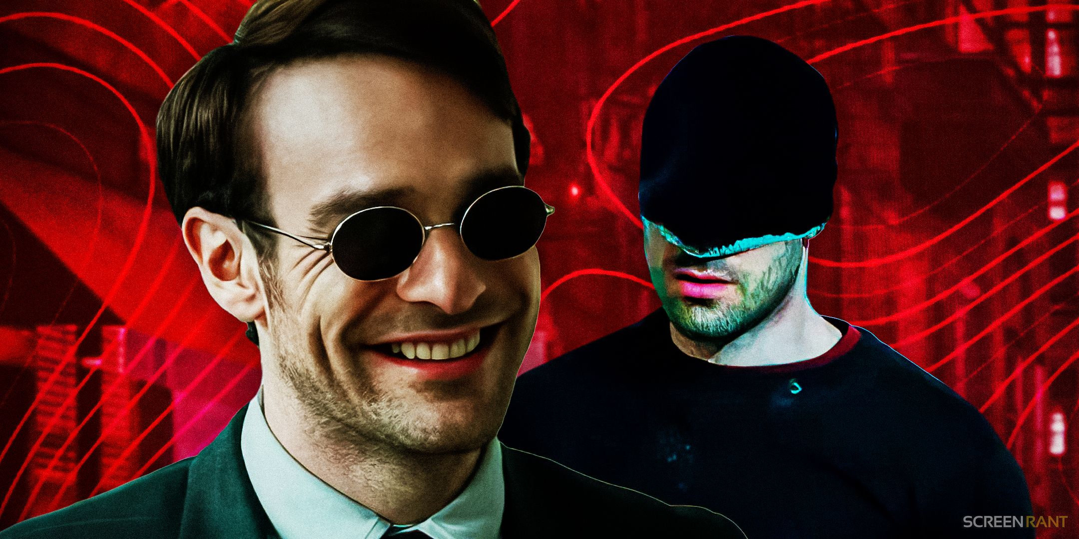 Matt Murdock smiling and him in the black suit from Netflix's Daredevil