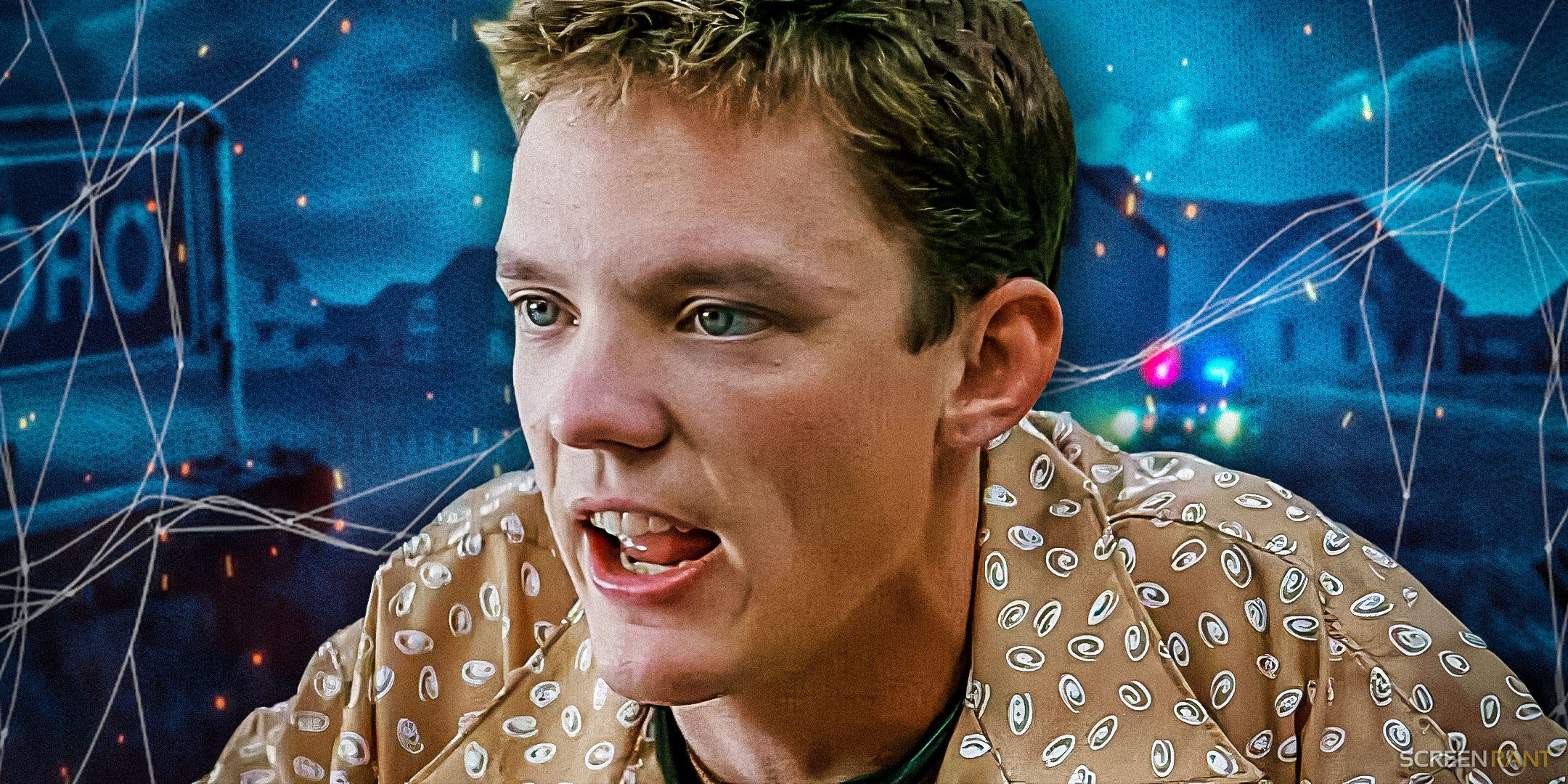 Matthew Lillard as Stu in Scream with his house in the background