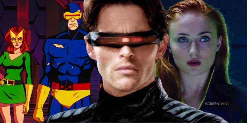 James Marsden and Sophie Turner as Cyclops and Jean Grey next to the animated versions in X-Men '97
