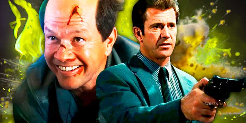 Mel Gibson as Porter from Payback pointing a revolver with Mark Wahlberg as Booth smiling in Flight Risk