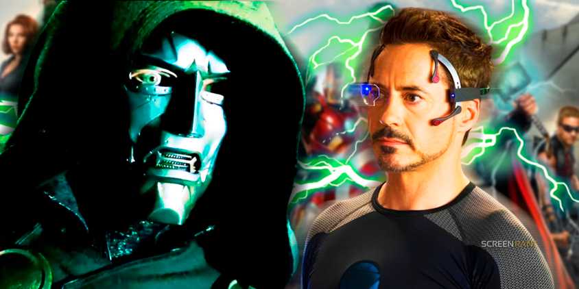 Robert Downey Jr’s Tony Stark and Doctor Doom from 2005 Fantastic Four movie with the Avengers slightly blurry in the background