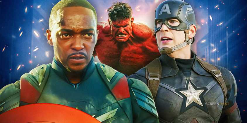 Sam Wilson and Steve Rogers as Captain America with Red Hulk between them