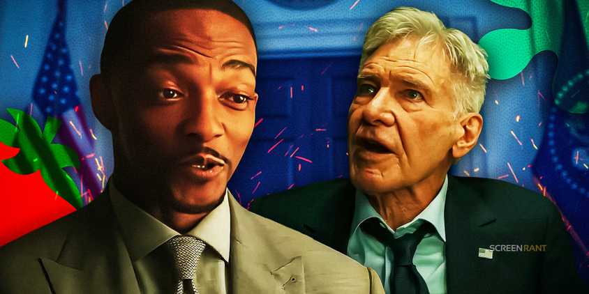 Anthony Mackie's Sam Wilson smiling in Captain America: Brave New World and Harrison Ford's Thunderbolt Ross angry