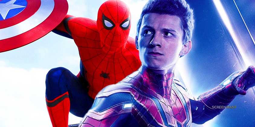 Spider-Man with Captain America's shield and Tom Holland's Peter Parker unmasked looking up