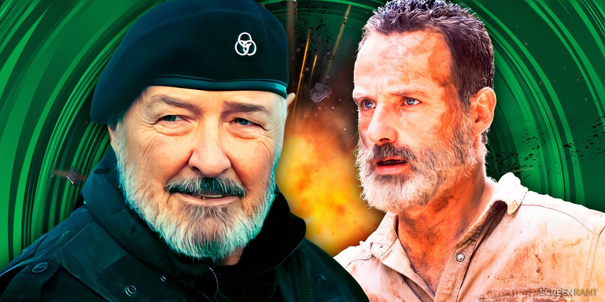 Terry O'Quinn as Major General Beale in The Ones Who Live and Andrew Lincoln as Rick Grimes in The Walking Dead.