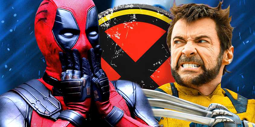 Deadpool looking surprised and Wolverine angry with the X-Men logo in the middle