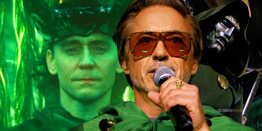 Tom Hiddleston's Loki as the God of Time next to Robert Downey Jr. announcing he is Doctor Doom