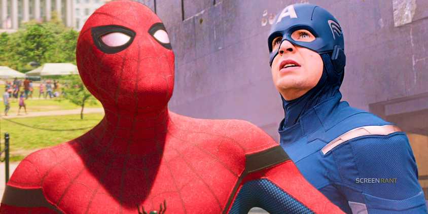 Tom Holland In Full Spider-Man Suit Looking Up From Homecoming With Chris Evans In Full Captain America Costume From The Avengers