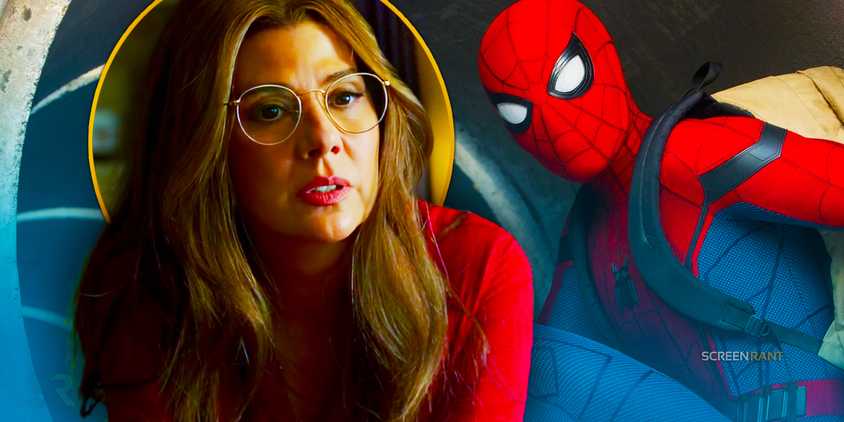 Marisa Tomei looking concerned as Aunt May next to Tom Holland's Spider-Man