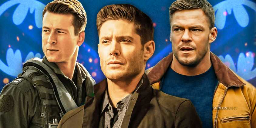 Jensen Ackles in the middle with Alan Ritchson and Glen Powell on each side and Batman imagery in the background