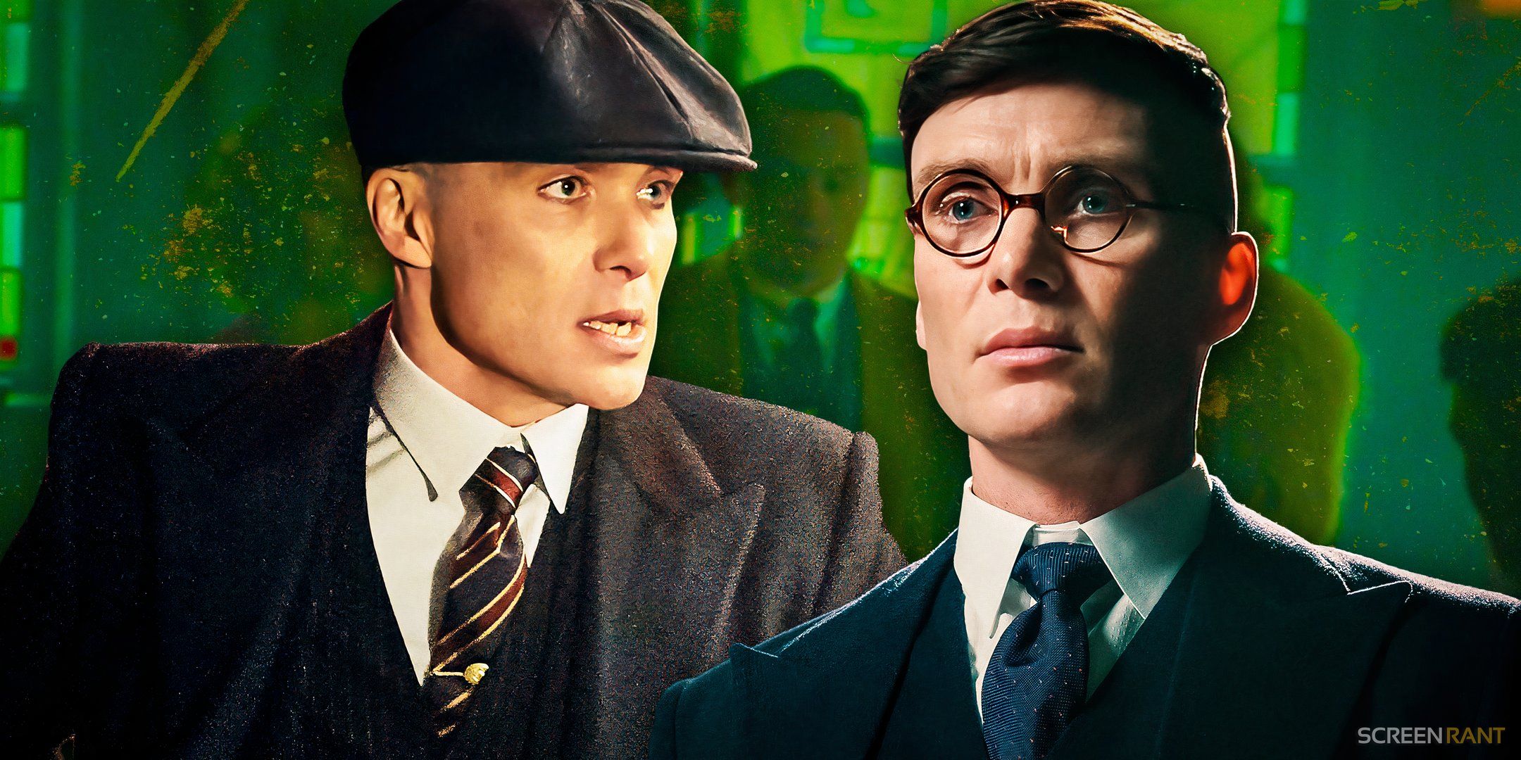 A collage featuring Cillian Murphy as Tommy Shelby in Peaky Blinders.