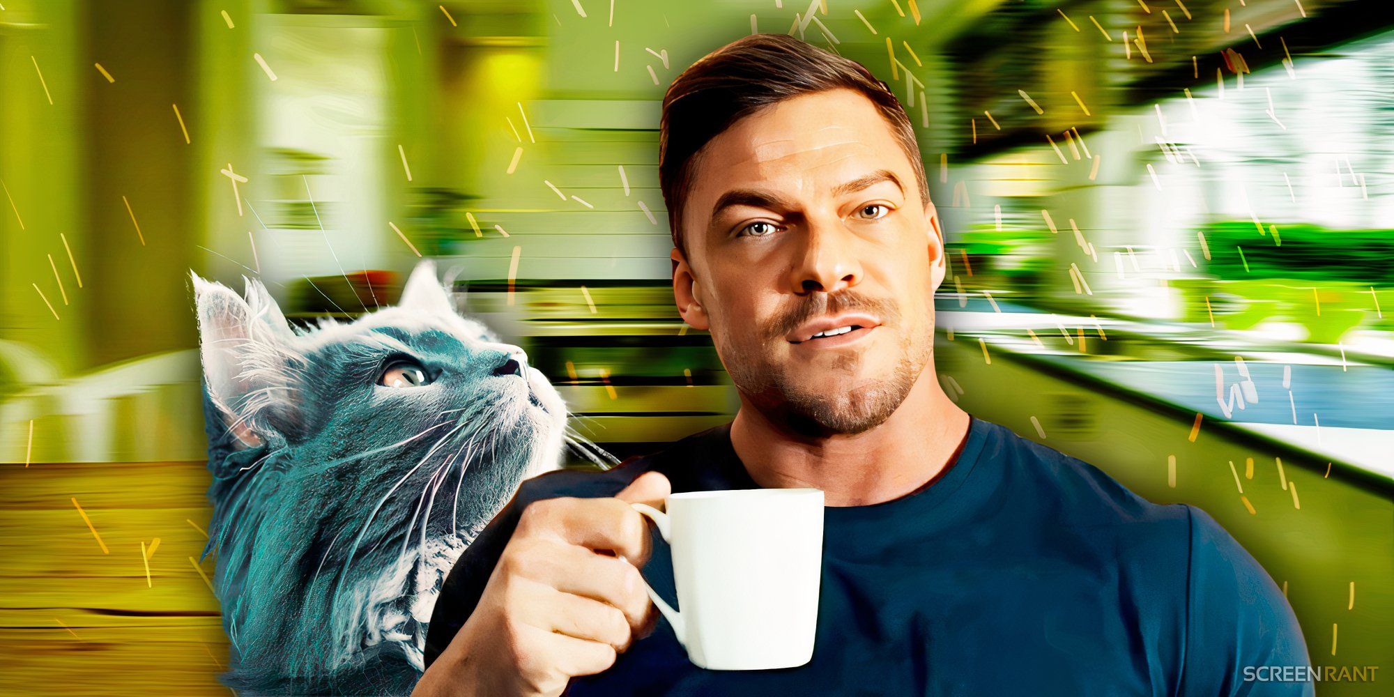 Alan Ritchson as Reacher drinking a cup of coffee and a cat.