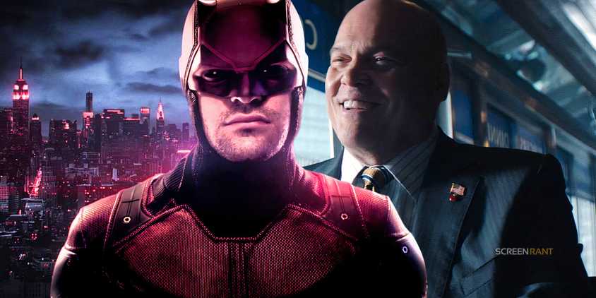 Charlie Cox's Daredevil looking serious and Vincent D'Onofrio's Kingpin laughing