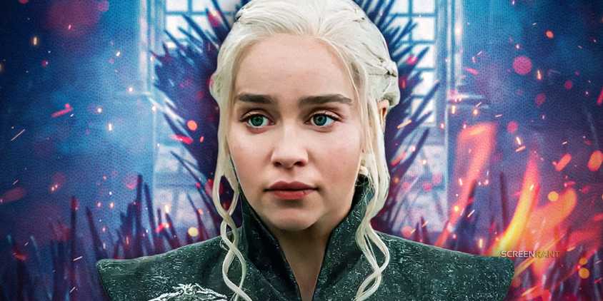 Daenerys Targaryen (Emilia Clarke) in Game of Thrones with the Iron Throne in the background
