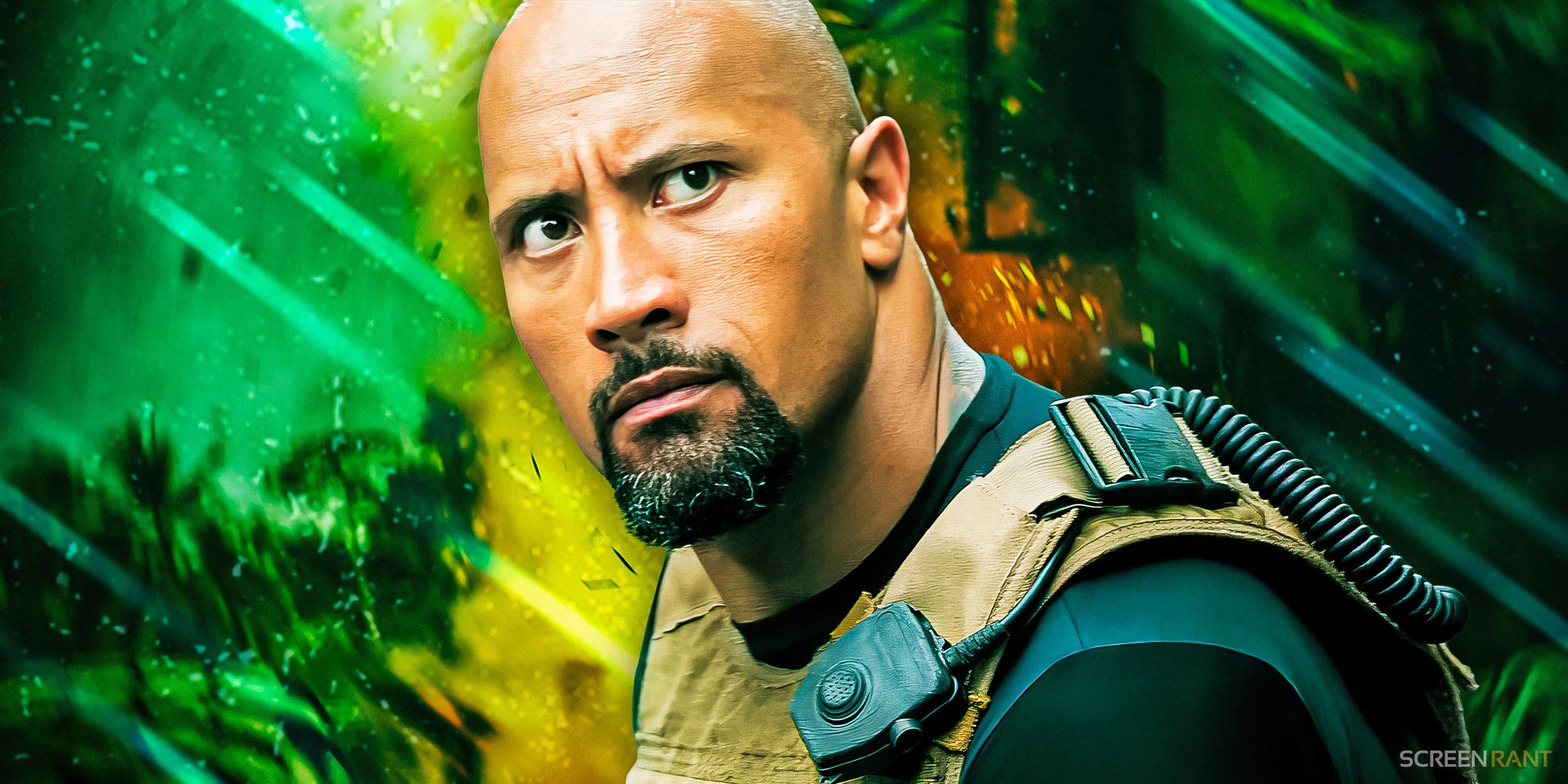 Dwayne Johnson aka The Rock as Luke Hobbs looking heroic in the Fast and Furious franchise.