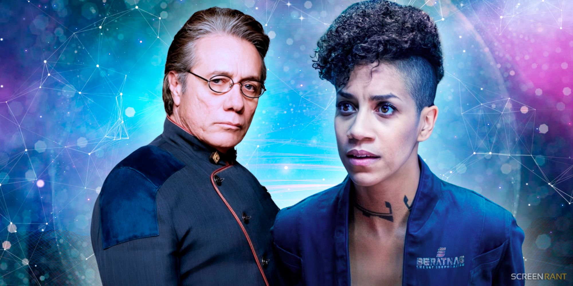 Edward James Olmos as Adama from BSG and Dominique Tipper as Naomi from The Expanse on a space background