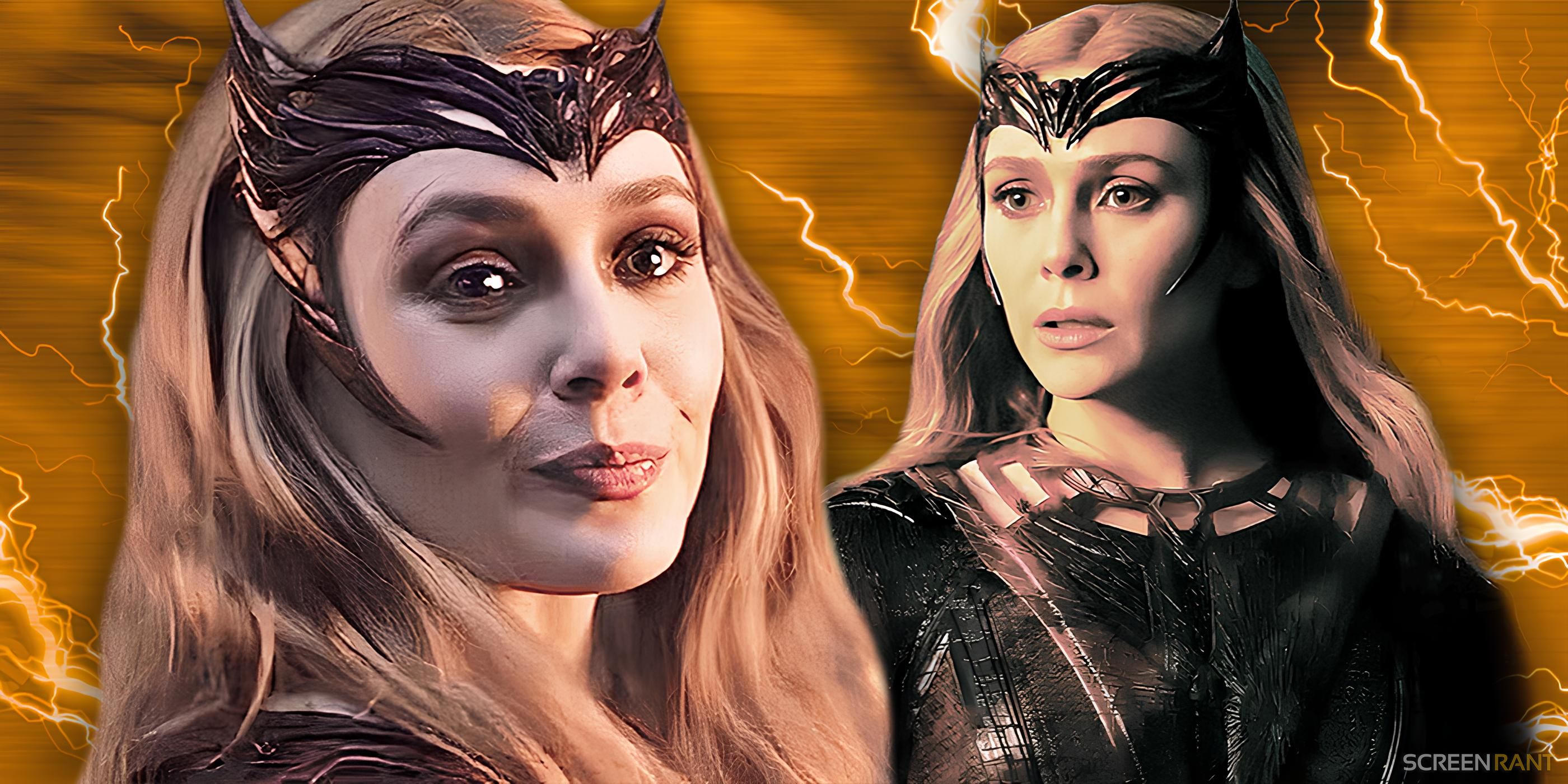 a shot of Elizabeth Olsen’s Scarlet Witch happy and one of her surprised