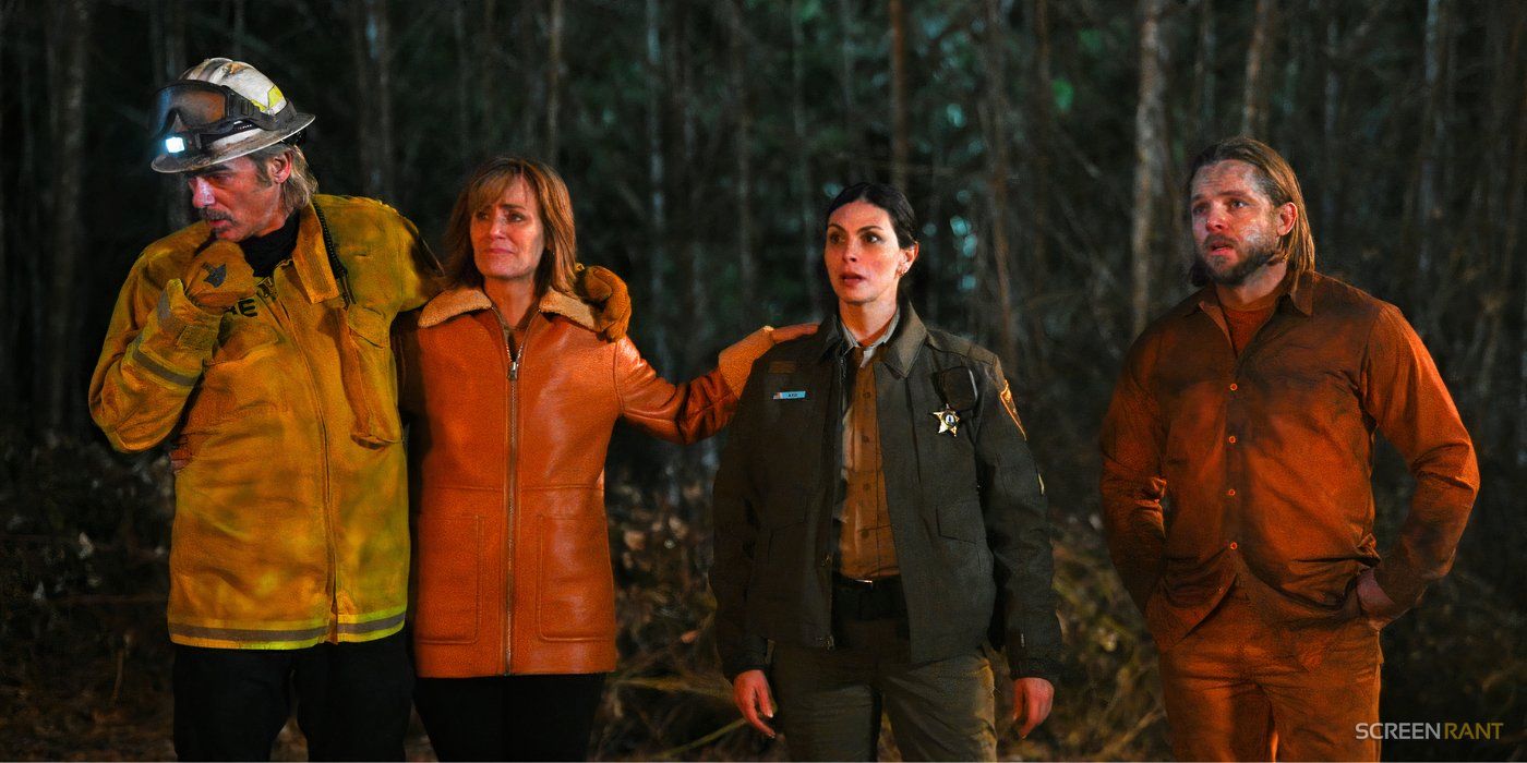 Fire Country's Billy Burke, Diane Farr, Morena Baccarin, and Max Thieriot standing together looking at something in awe