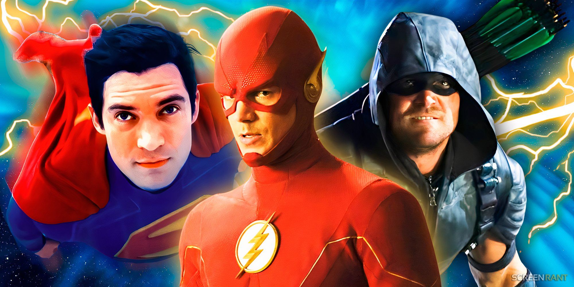 Grant Gustin’s Flash from season 9 in the middle with Stephen Amell’s Green Arrow and David Corenswet’s Superman on each side