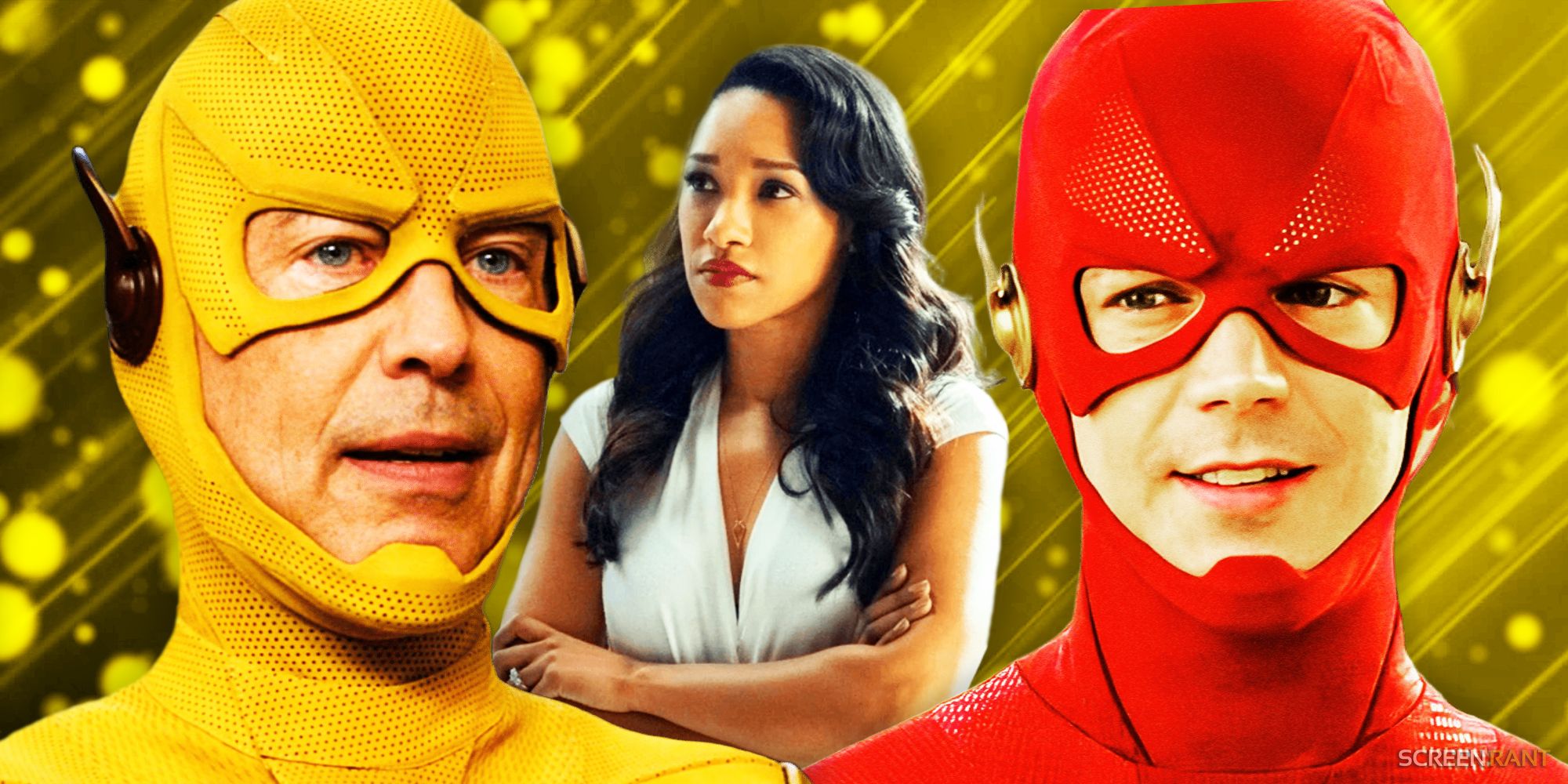 Grant Gustin smiling as The Flash, Candice Patton looking focused as Iris West-Allen and Tom Cavanagh looking shocked as Reverse-Flash