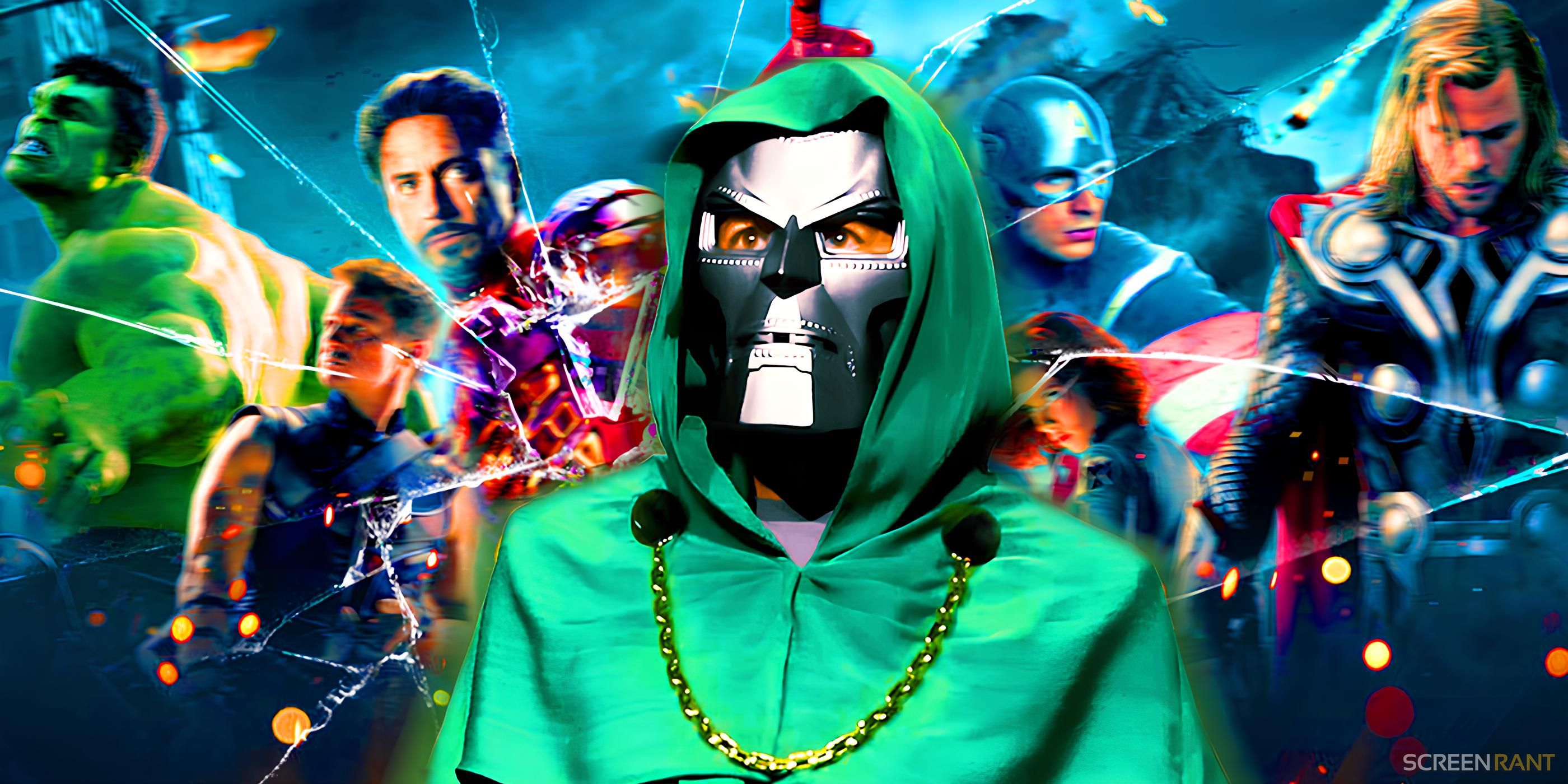 Robert Downey Jr. as Doctor Doom from 2024’s SDCC in front of the MCU’s original Avengers team