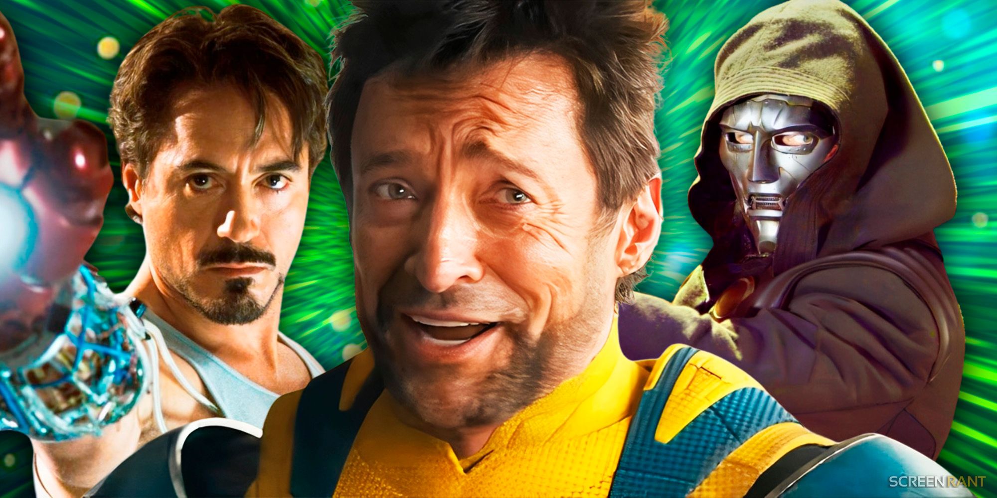Hugh Jackman’s Wolverine smiling in Deadpool &amp; Wolverine in the middle with Robert Downey Jr.’s Tony Stark and Doctor Doom from 2005’s Fantastic Four on each side