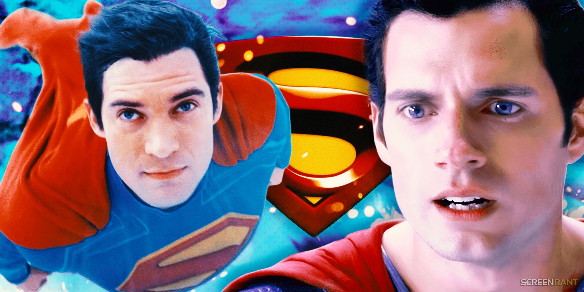 The close-up on David Corenswet’s Superman flying from one of the trailers and Henry Cavill’s Superman looking sad with Superman’s S logo in the background