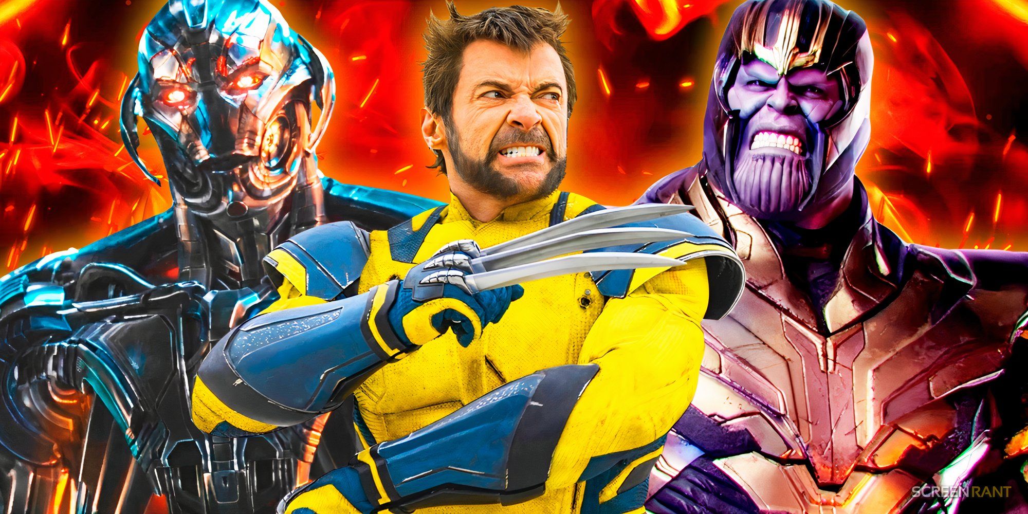 Hugh Jackman’s Wolverine with the yellow suit from Deadpool &amp; Wolverine in the middle and Thanos &amp; Ultron on each side