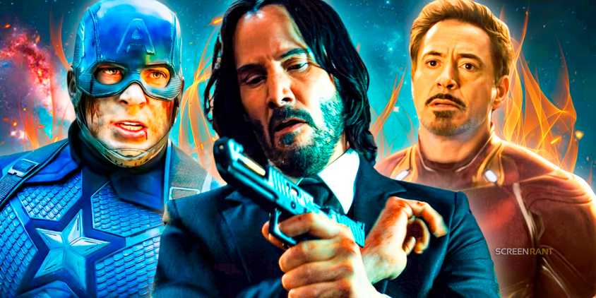 Keanu Reeves from John Wick 4 with Chris Evans’s Captain America and Robert Downey Jr.’s Iron Man on each side