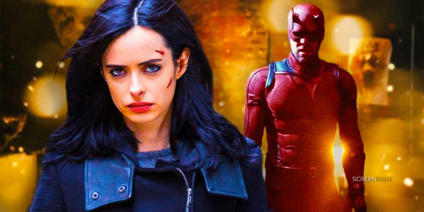 Krysten Ritter looking focused as Jessica Jones with Charlie Cox suited up as Daredevil