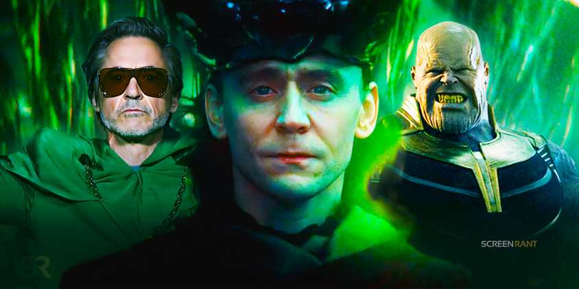Loki from season 2’s final shot at the throne, Thanos from Avengers: Infinity War, and Robert Downey Jr. as Doctor Doom from SDCC