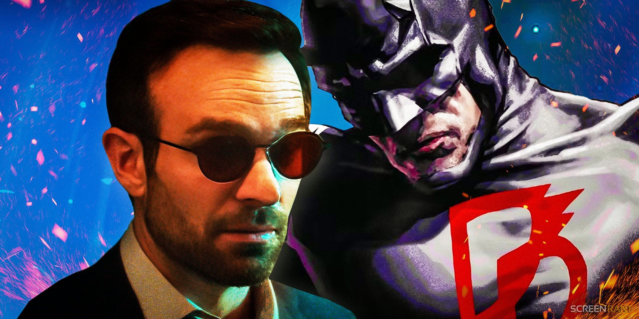 Charlie Cox looking focused as Matt Murdock next to Daredevil with his black suit in the comics
