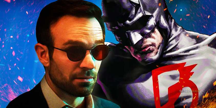 Charlie Cox looking focused as Matt Murdock next to Daredevil with his black suit in the comics