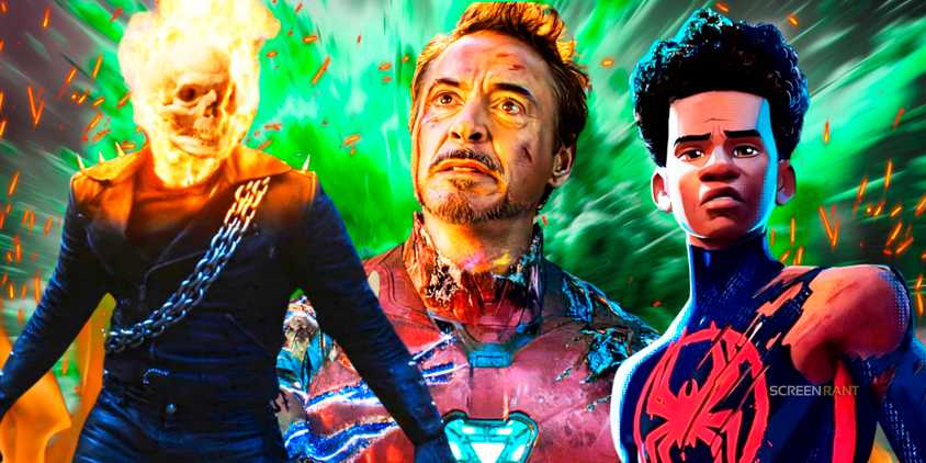 Nicolas Cage's Ghost Rider, Miles Morales from Spider-Man: Across the Spider-Verse, and Robert Downey Jr.'s Iron Man in the middle