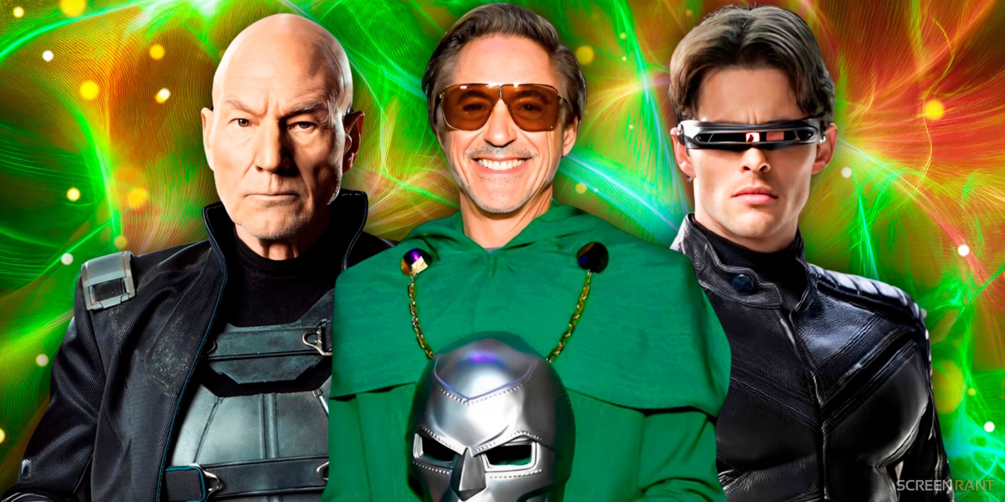 Robert Downey Jr. in the middle and Patrick Stewart&rsquo;s Charles Xavier &amp; James Marsden&rsquo;s Cyclops on each side