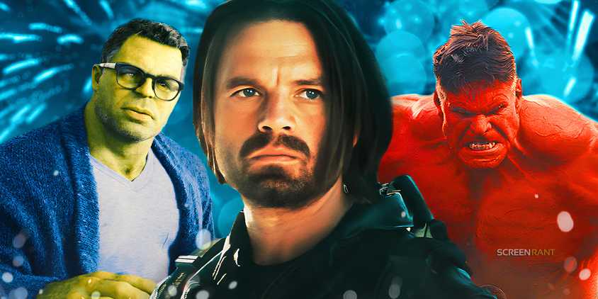  Mark Ruffalo’s Smart Hulk, Harrison Ford’s Red Hulk, and Sebastian Stan’s Bucky Barnes from Thunderbolts* in the middle 
