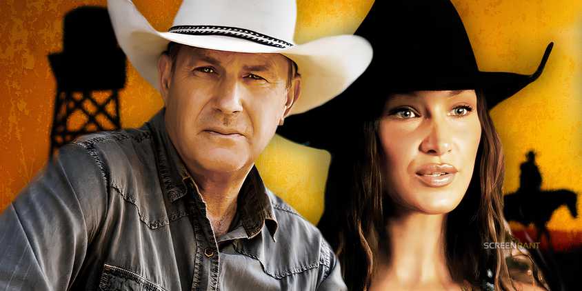 A collage of Bella Hadid and Kevin Costner as their Yellowstone characters