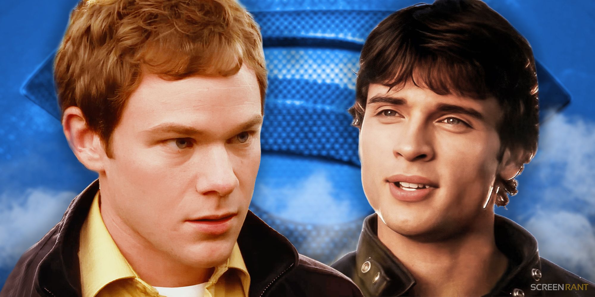 Aaron Ashmore looking shocked as Jimmy Olsen next to Tom Welling&rsquo;s Clark Kent being on Red Kryptonite