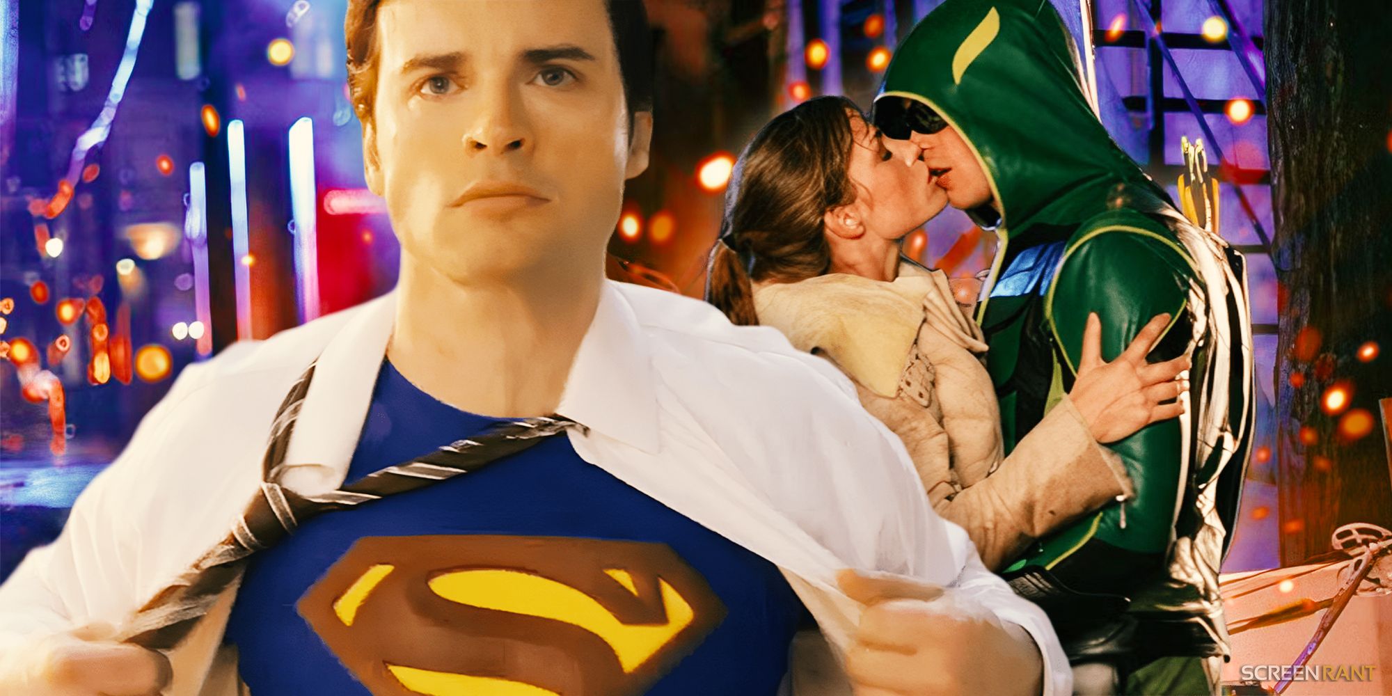 Tom Welling doing the shirt-rip as Superman next to him kissing Lois Lane as Green Arrow