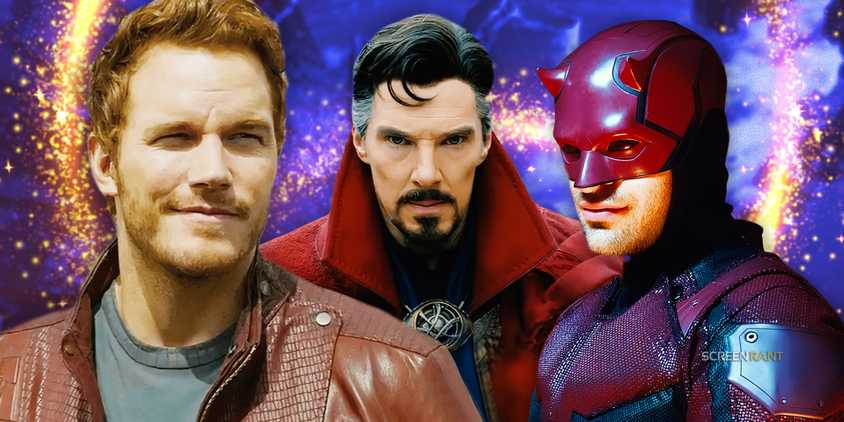 Charlie Cox's Daredevil, Chris Pratt's Star-Lord smiling, and Benedict Cumberbatch's Doctor Strange looking serious