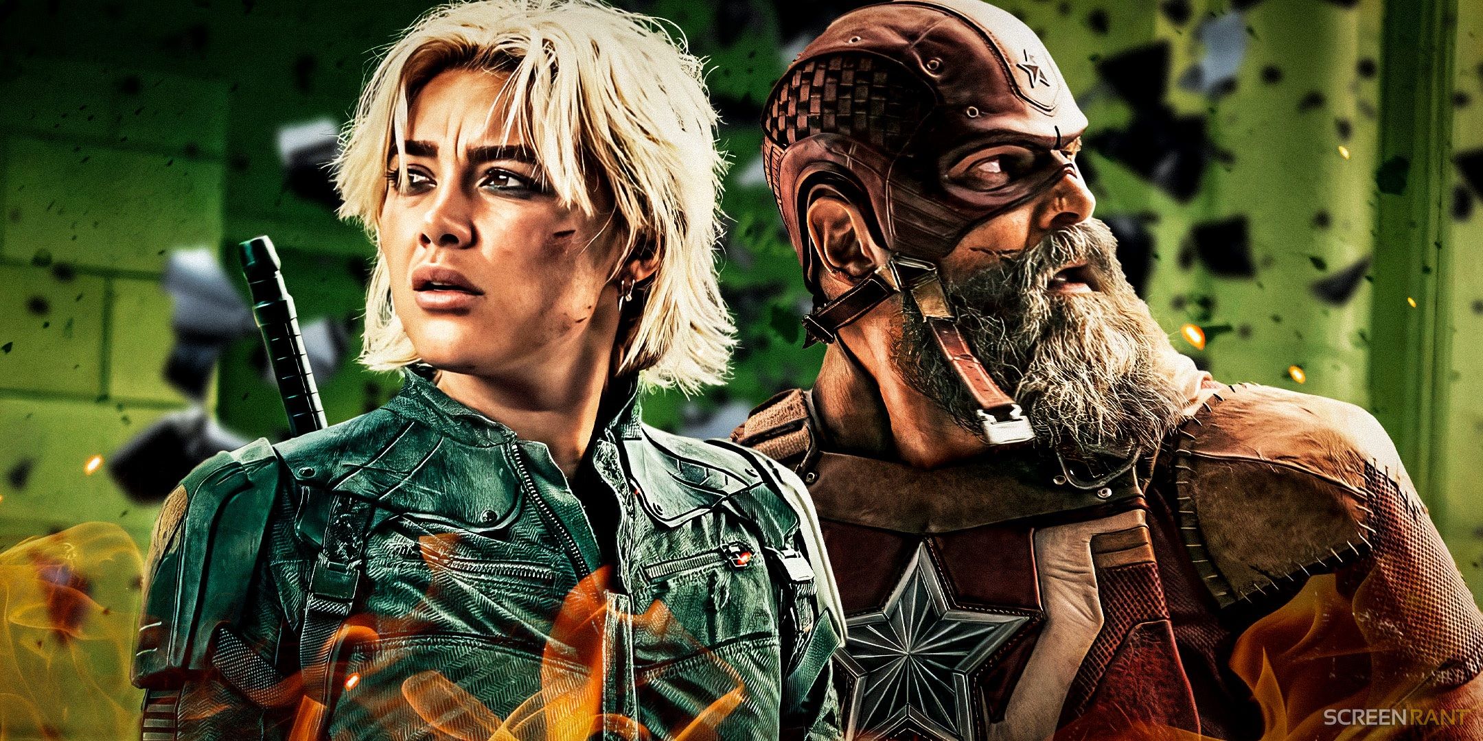 Florence Pugh and David Harbour looking shocked as Black Widow and Red Guardian