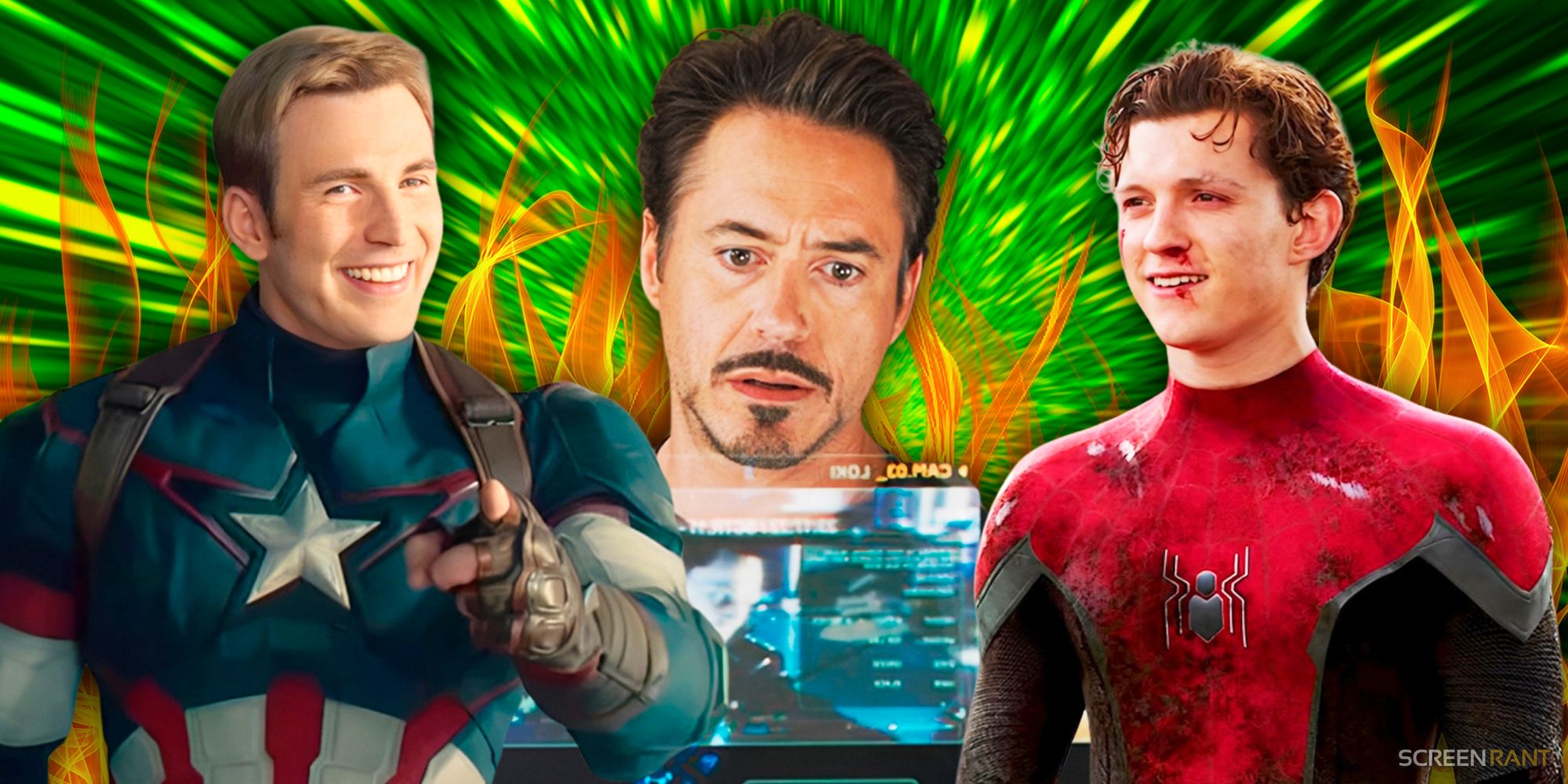Chris Evans’ Captain America and Tom Holland’s Spider-Man looking happy with Robert Downey Jr.’s Tony Stark in the middle looking serious