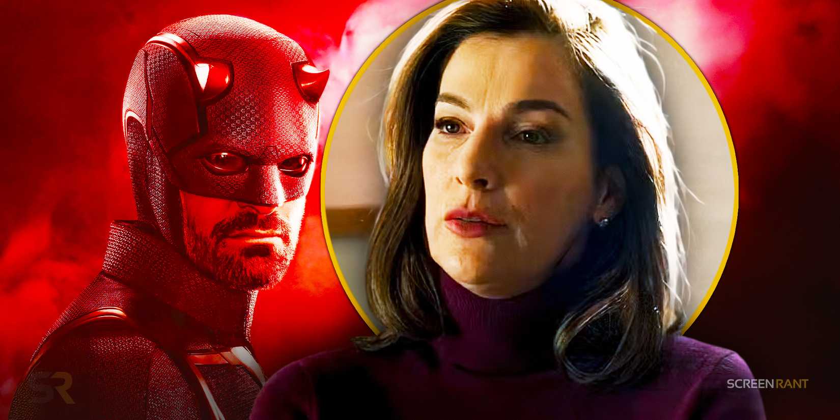 Vanessa Fisk looking concerned next to a brooding Daredevil
