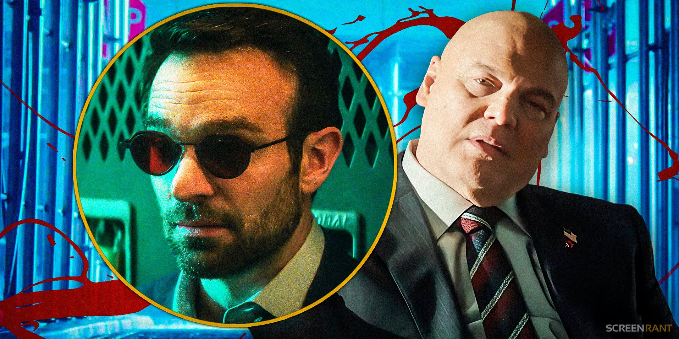 Charlie Cox looking shocked as Matt Murdock next to Vincent D&rsquo;Onofrio&rsquo;s Wilson Fisk being curious in Daredevil: Born Again