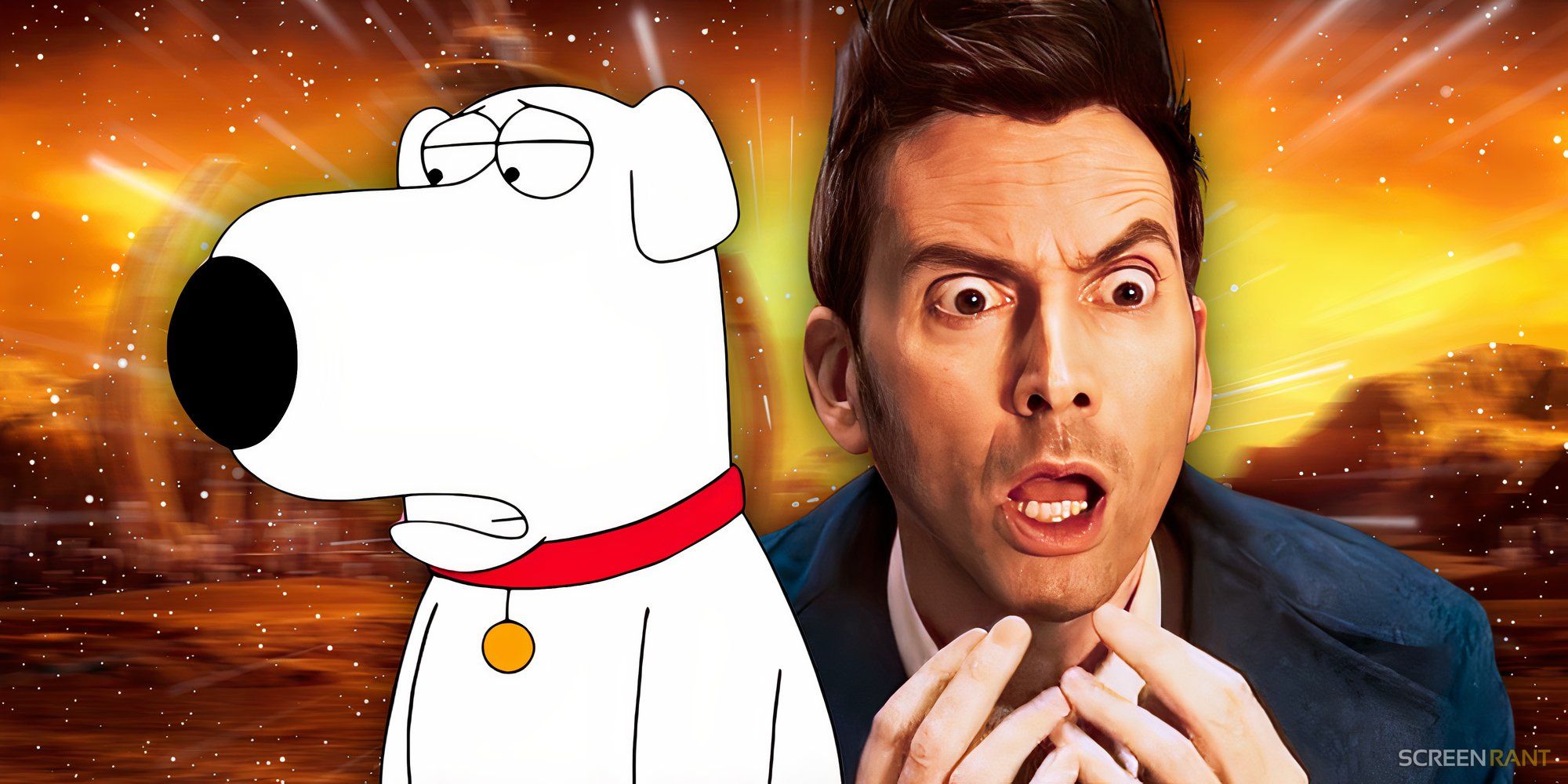 David Tennant as the Fourteenth Doctor in Doctor Who looking shocked and sad Brian Griffin from Family Guy.