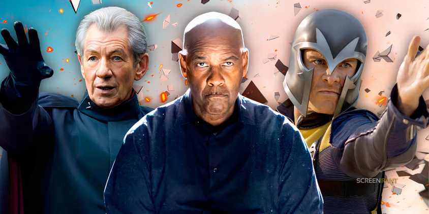 Denzel Washington looking serious in the middle with Ian McKellen and Michael Fassbender’s Magnetos on each side