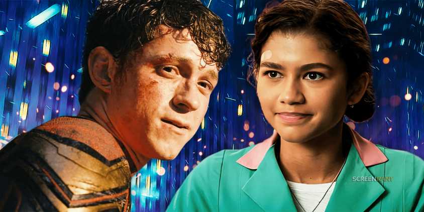 Zendaya’s MJ smiling and Tom Holland in the Spider-Man suit but unmasked looking sad